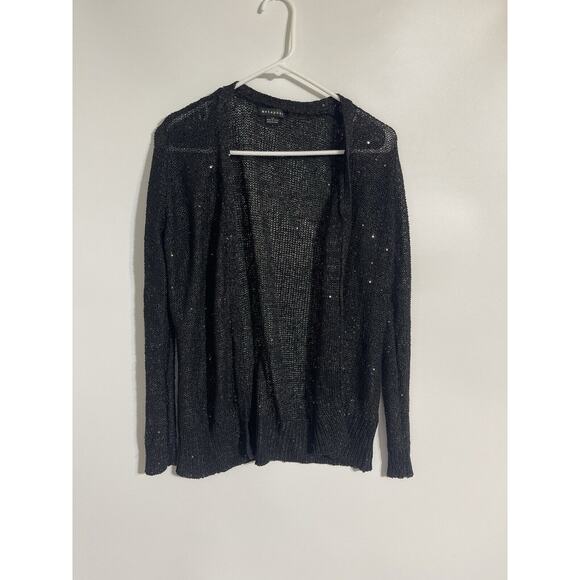 90s Y2K Open Knit Cardigan Large Sequins Black Sparkly Whimsigoth Dark Fairy - Picture 1 of 8